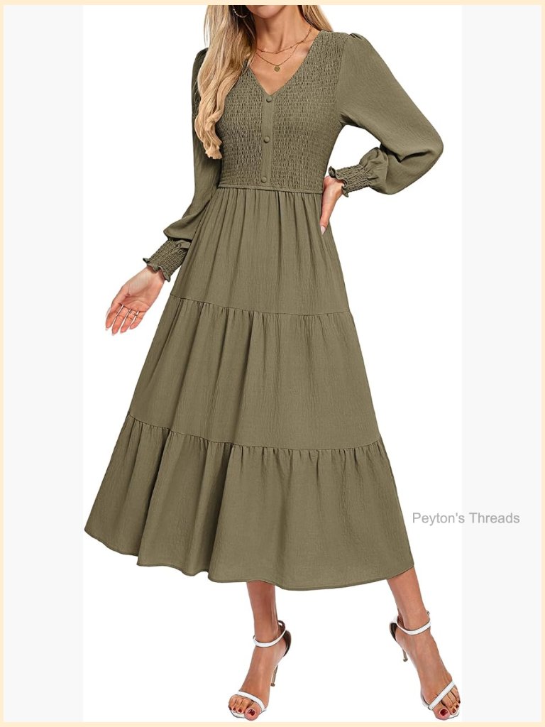 Long Sleeve Smocked Maxi Dress With Pockets A-Line V-Neck